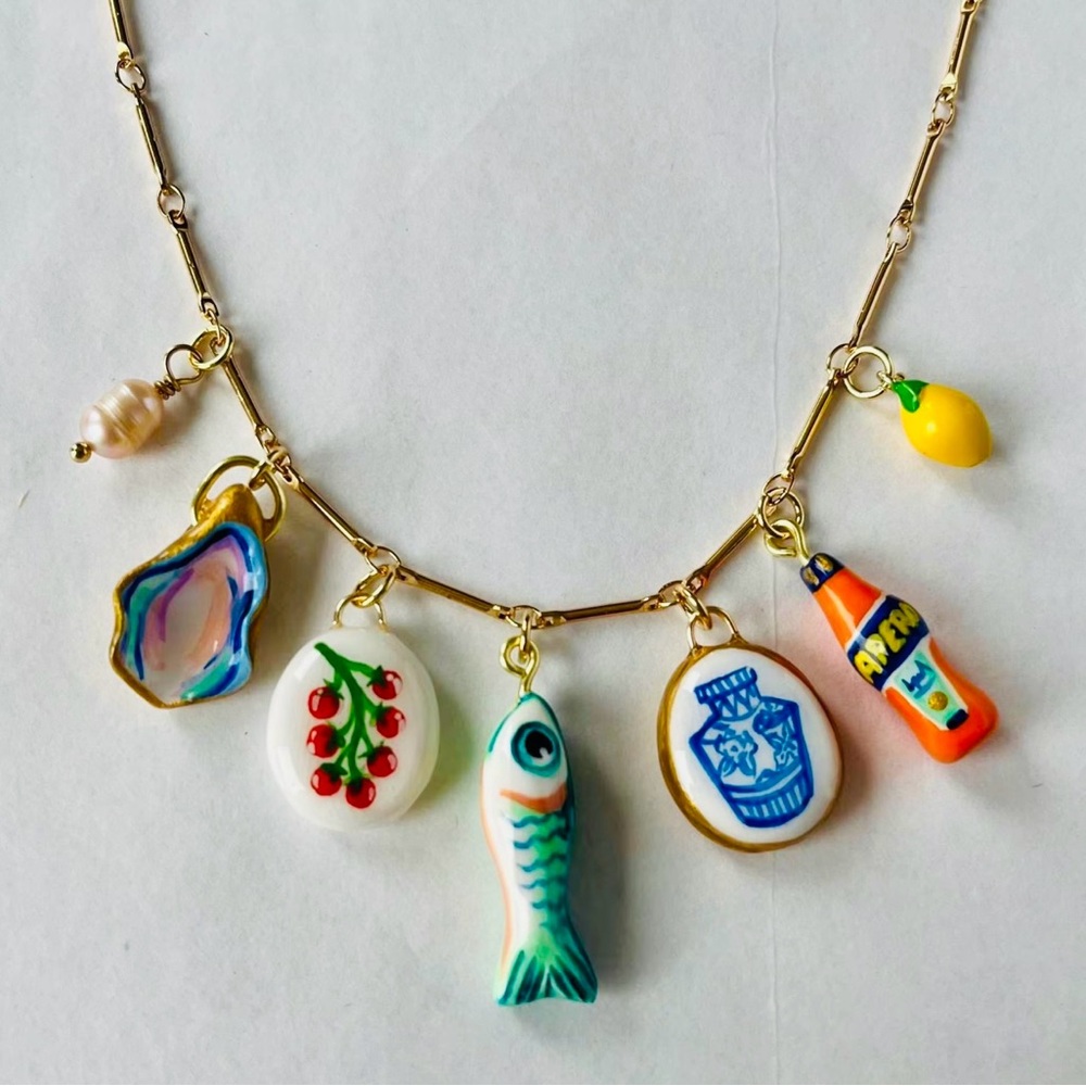 porcelain tapas charm necklace gold filled chain. Gift for her